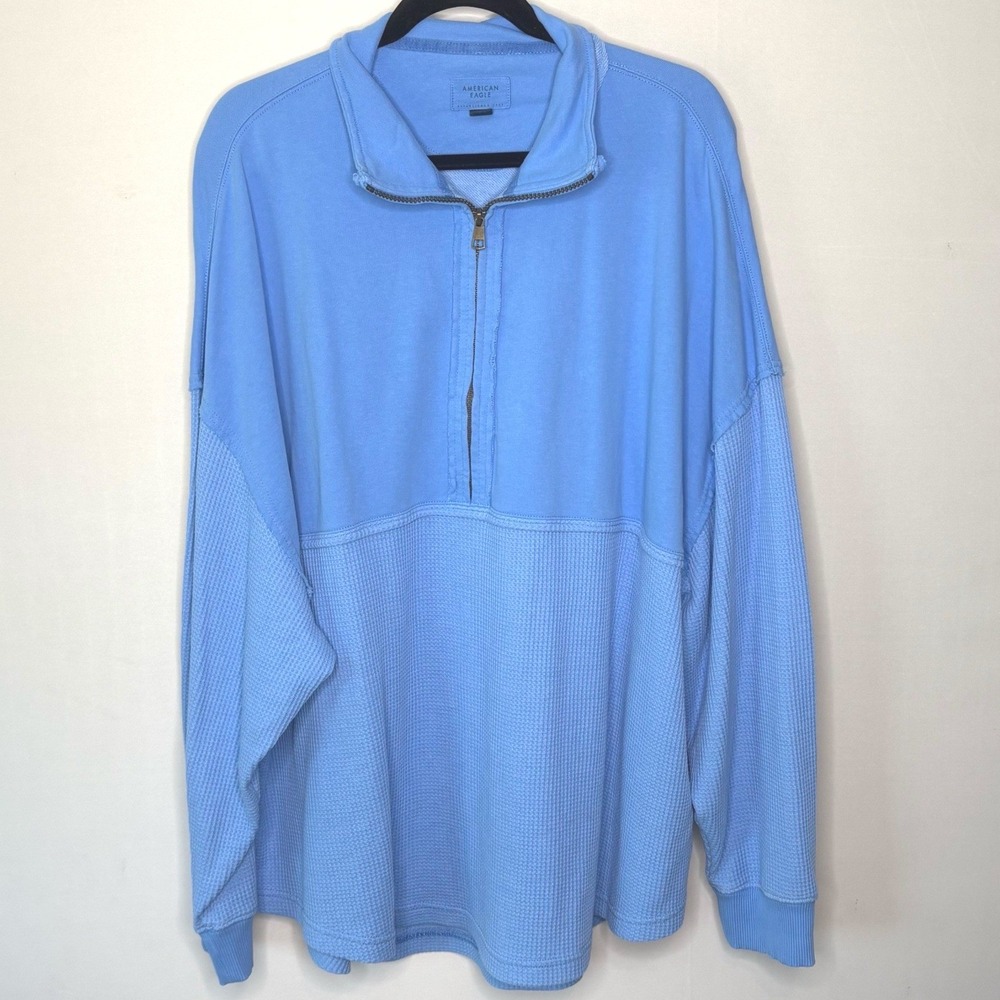 American Eagle Mens L/XL Light Blue Waffle Knit Mixed Media Quarter Zip Pullover